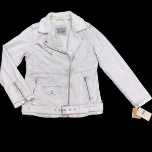 Levis Strauss Jacket Women Small Beige Long Sleeve Moto Zip Sherpa NWT $225